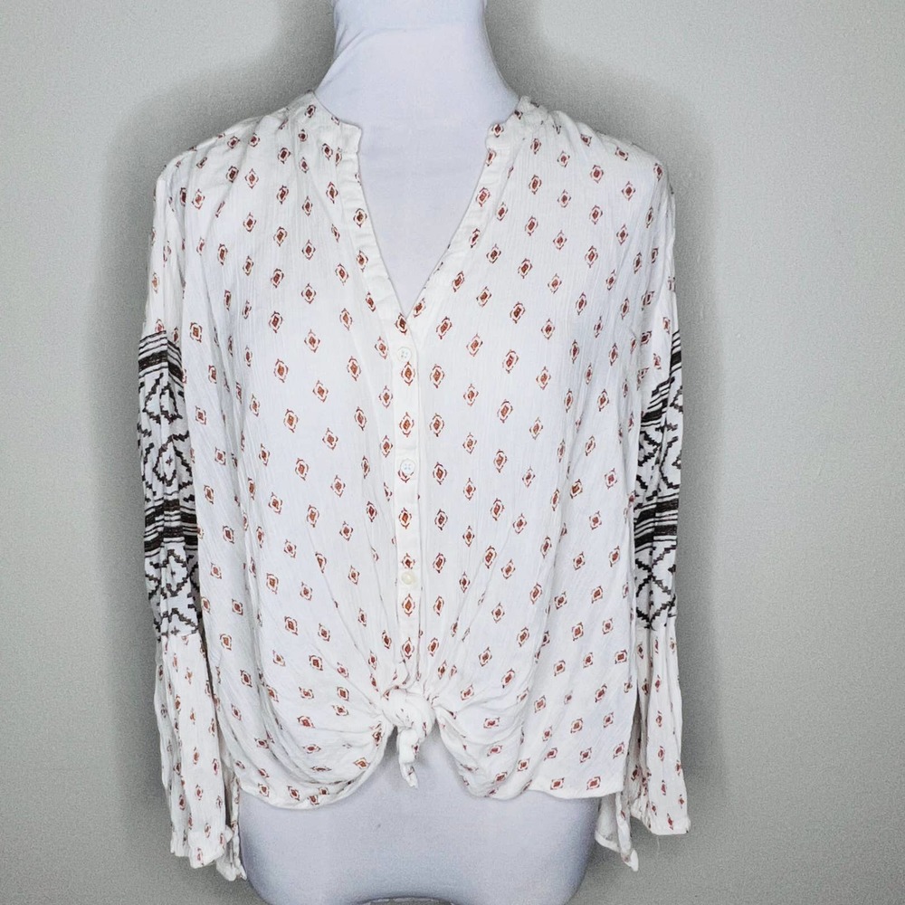 O'Neill Top Blouse XS Printed Long Sleeve V-Neck Gauze Button Tie Hem Oversized